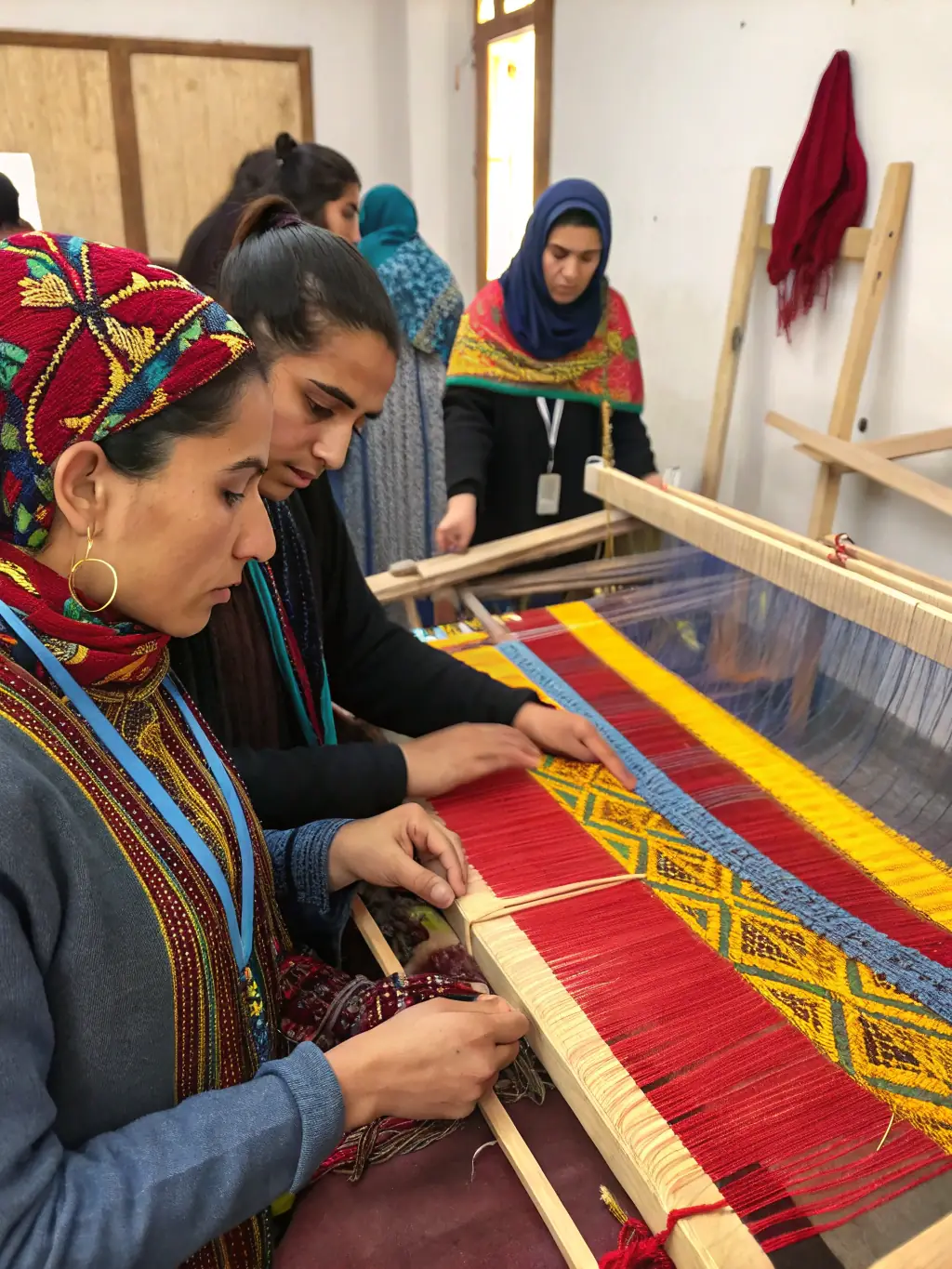 A photograph capturing a workshop session where elders are demonstrating traditional weaving techniques to a group of young adults, showcasing intergenerational knowledge transfer.