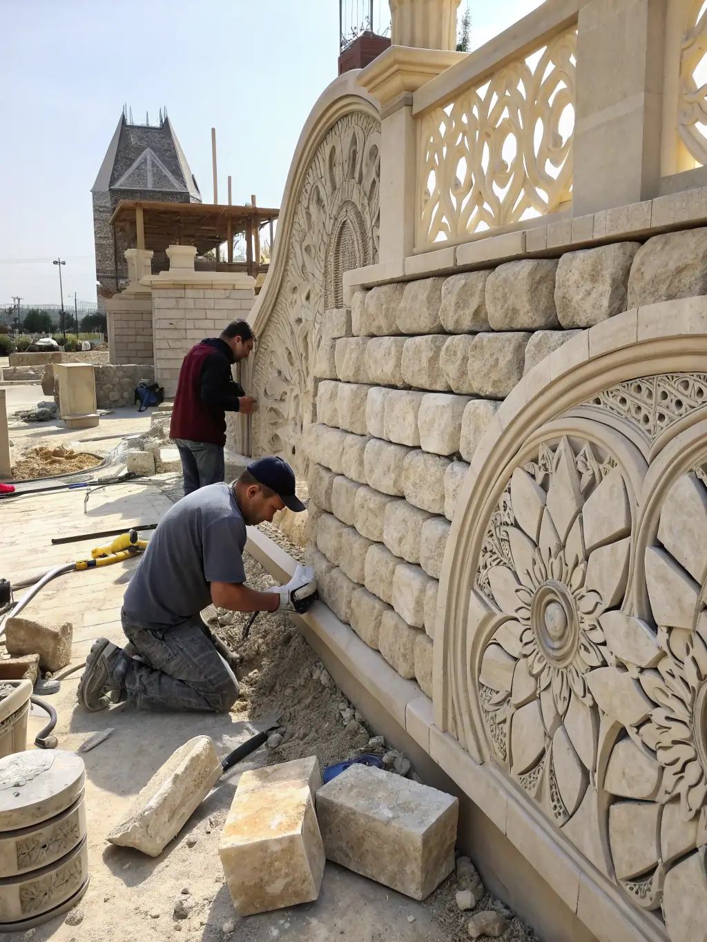 A picture of a team restoring an old stone building using traditional building techniques, emphasizing the preservation of architectural heritage.